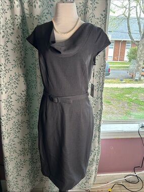 Calvin Klein Charcoal Gray Cowl-Neck Midi Dress with Self Belt